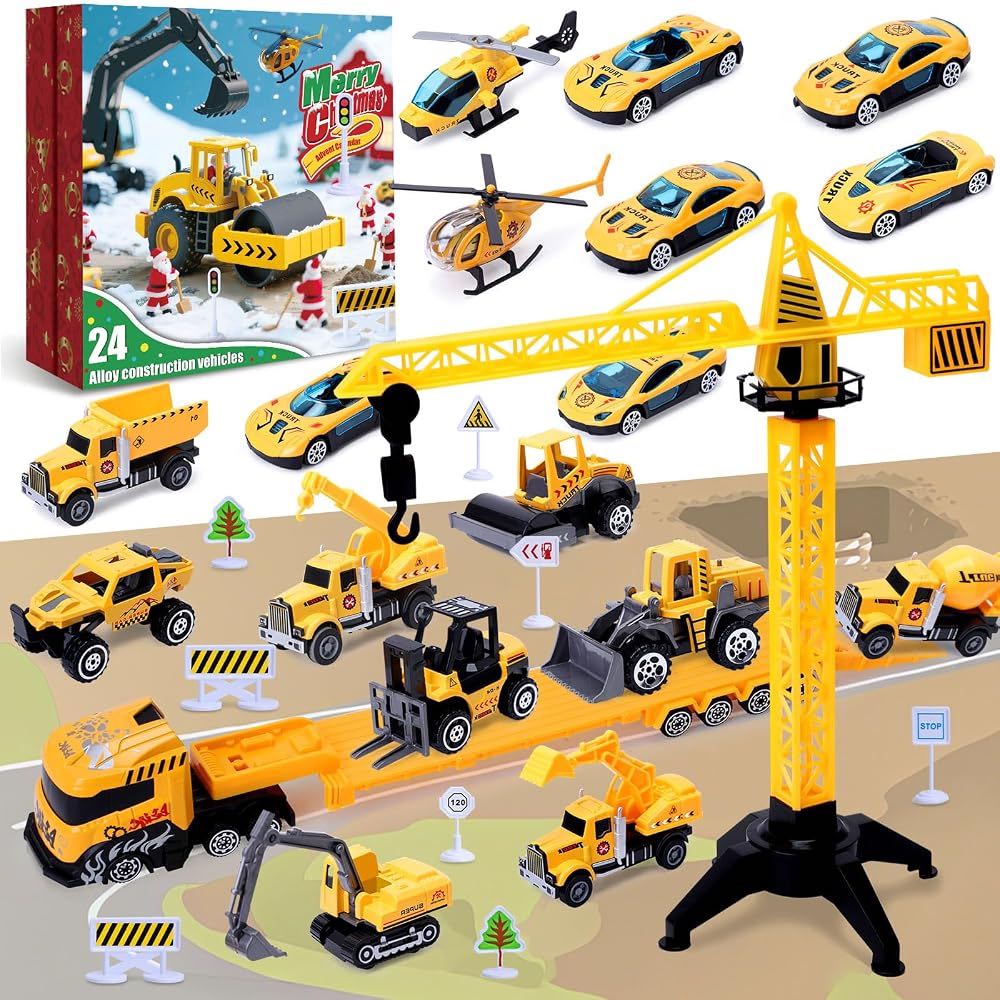 24-Day Christmas Advent Calendar for Kids, City Construction Vehicles Set with Excavators & Engineering Cars