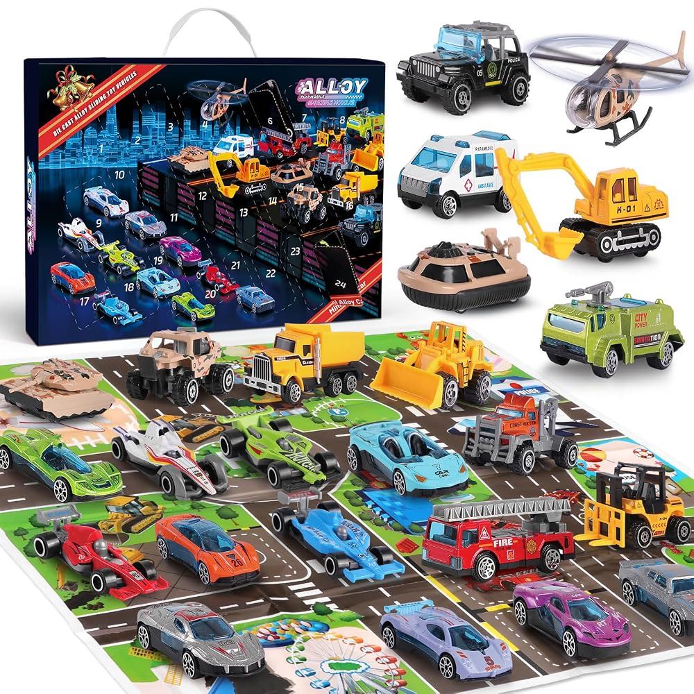 24 PCS Play Vehicles Advent Calendar, 24 Days of Surprises Toys Box, Christmas Countdown Advent Calendars for Kid Boys